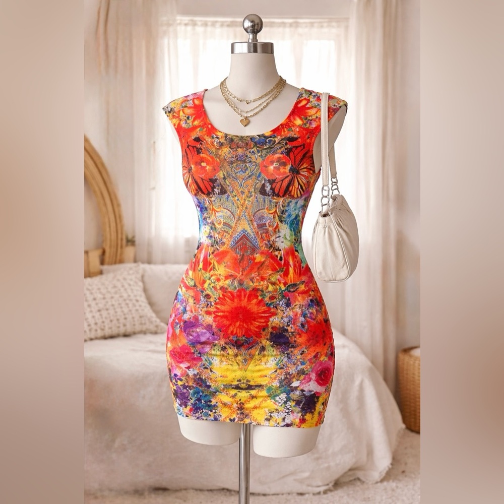 Vibrant floral bodycon mini dress- colorful statement piece🌈🦋